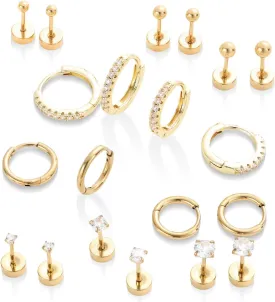 14K Gold Flat Back Earrings for Women: 10 Pairs Small Gold Hoop Stud Earrings for Women Hypoallergenic Surgical Stainless Steel Earring Cartilage Tragus Helix Conch Piercing Jewelry Earring Sets for Multiple Piercing