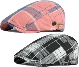 2 Pack Men's Newsboy Flat Cap Adjustable Plaid Ivy Gatsby Cabbie Driving Golf Hat Beret