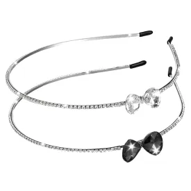 2 PCS Rhinestone Bow Headband, Fashion Diamond Headbands with Shiny Bow Cute Tiara Sparkly Headbands for Women Teen Girls Wedding Prom Hair Accessories (Silver, Black)