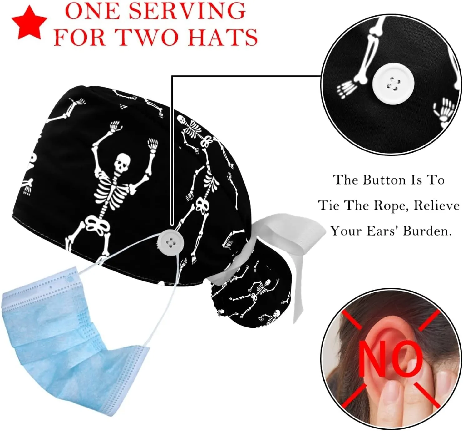 2 Pcs Working Cap with Buttons Sweatband Cute Bear Ribbon Tie Back Bouffant Hats
