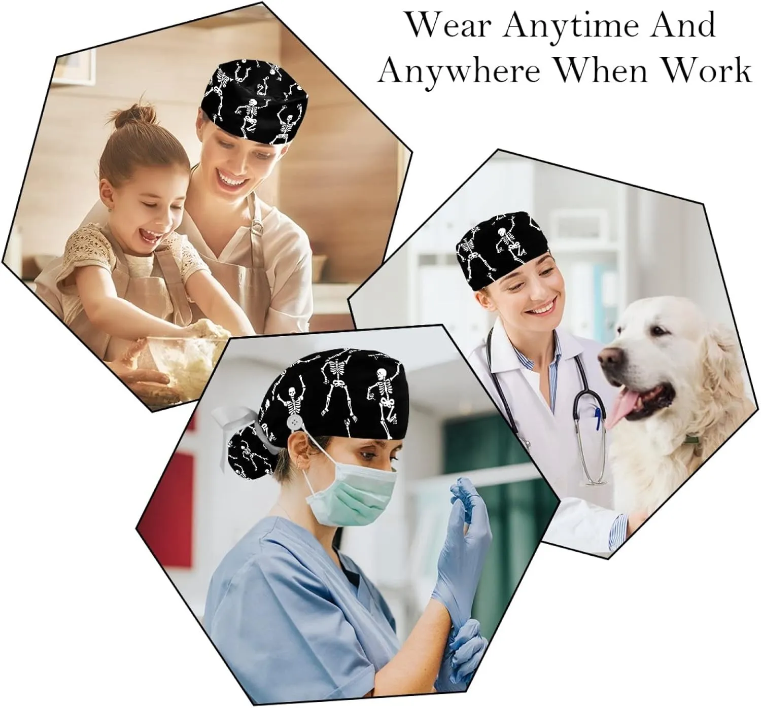 2 Pcs Working Cap with Buttons Sweatband Cute Bear Ribbon Tie Back Bouffant Hats