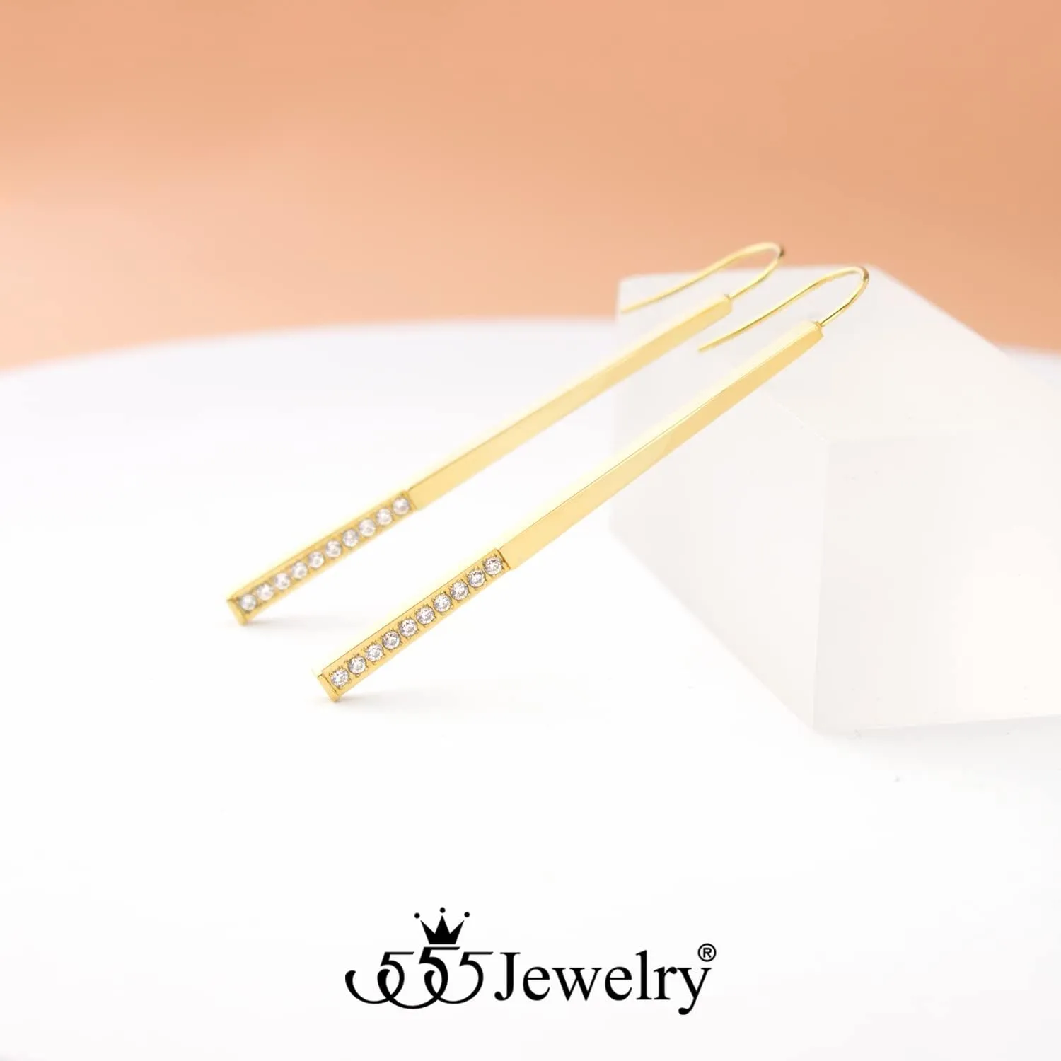 ?555Jewelry Stainless Steel Cubic Zirconia Drop Bar Earrings for Women & Ladies