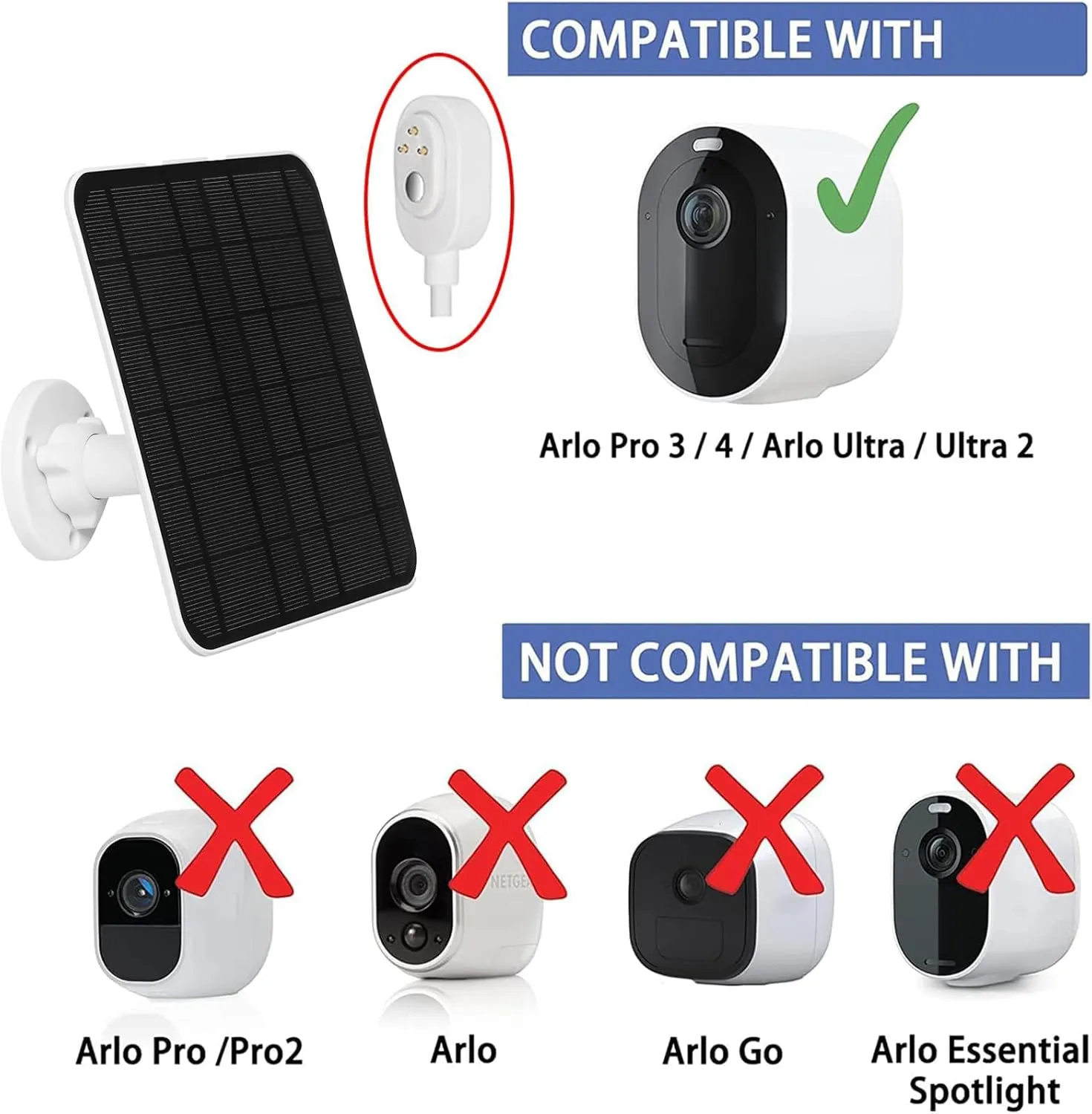 6W Solar Panel Charger Compatible with Arlo Pro 3/Pro 4/Pro 5S/Ultra/Ultra 2/Go 2 IP65 Weatherproof with 9.8ft/3m Charging Cable and 360 Adjustable Wall Mount