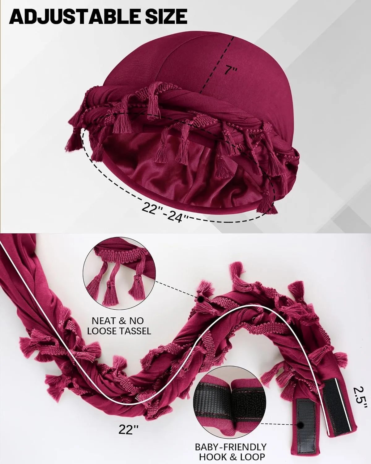 Ababalaya Adjustable Satin Lined Halo Turban for Men Women Twisted Tassel Head Wraps Sleep Cap Beanies Turban Durag