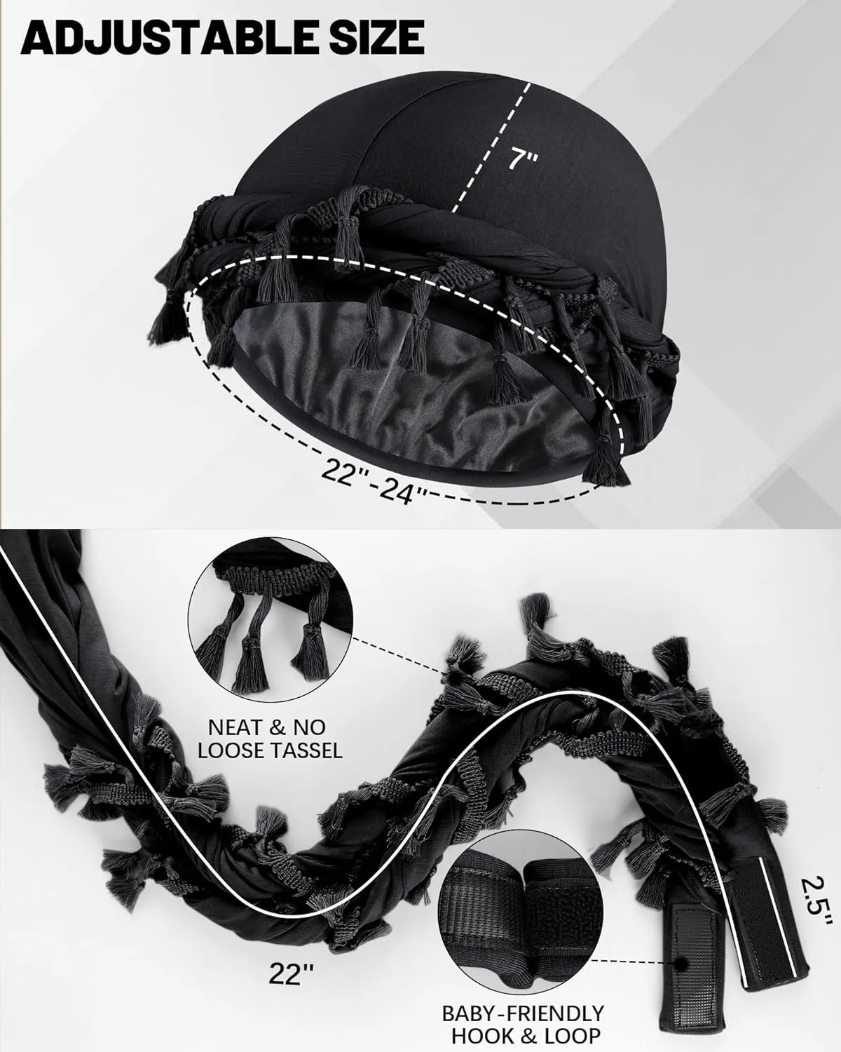 Ababalaya Adjustable Satin Lined Halo Turban for Men Women Twisted Tassel Head Wraps Sleep Cap Beanies Turban Durag