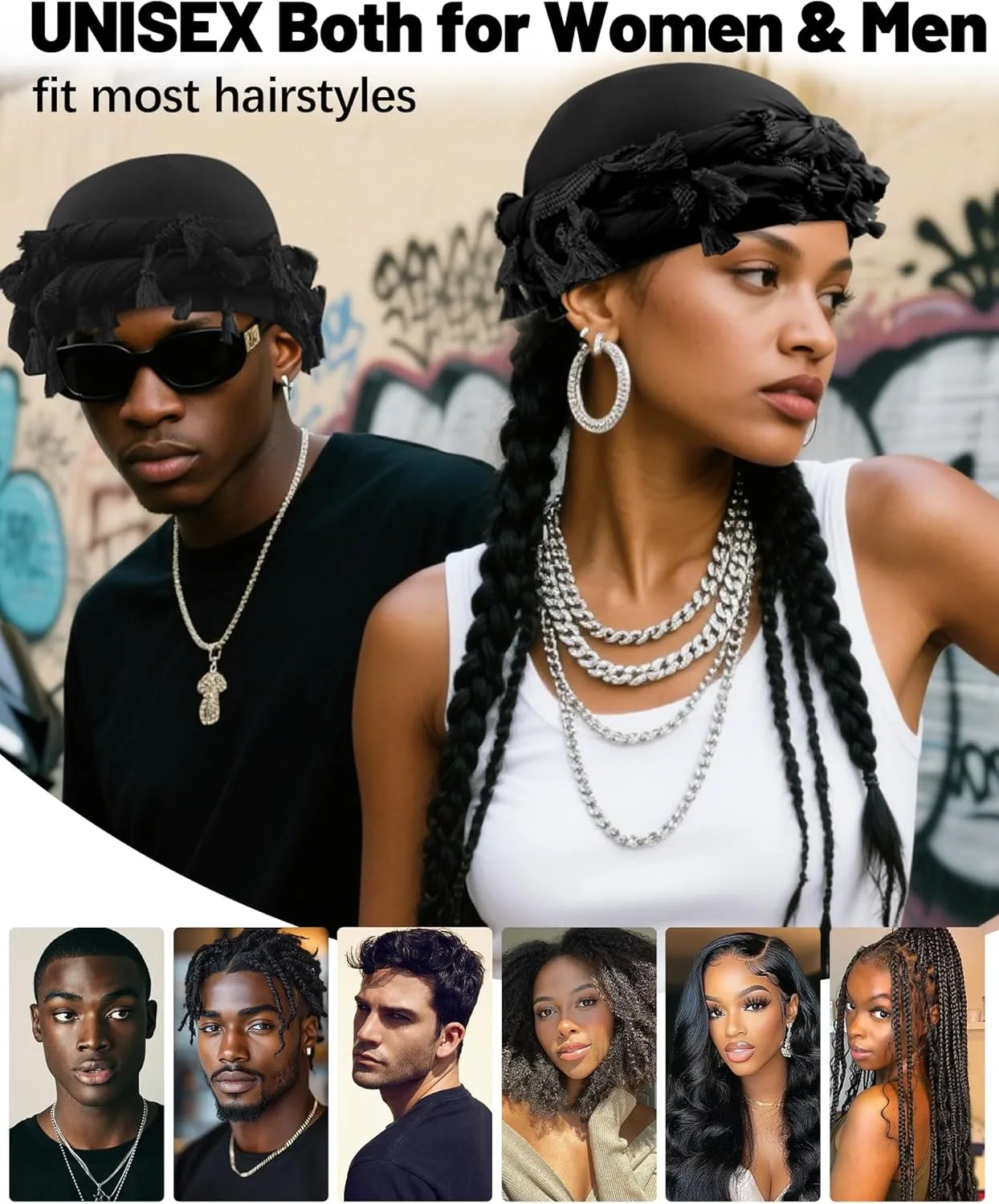 Ababalaya Adjustable Satin Lined Halo Turban for Men Women Twisted Tassel Head Wraps Sleep Cap Beanies Turban Durag