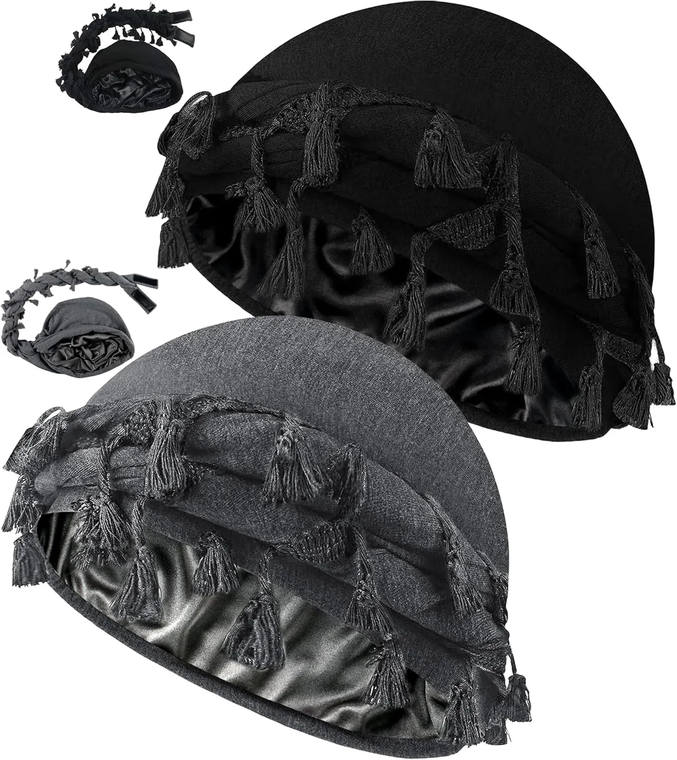 Ababalaya Adjustable Satin Lined Halo Turban for Men Women Twisted Tassel Head Wraps Sleep Cap Beanies Turban Durag