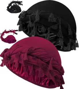 Ababalaya Adjustable Satin Lined Halo Turban for Men Women Twisted Tassel Head Wraps Sleep Cap Beanies Turban Durag