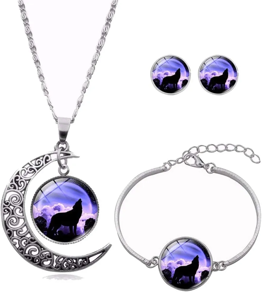 Ailiessy Hollow Crescent Moon Wolf Necklace Pendant Stud Earrings Vintage Time Gemstone New Moon Charm Bracelets for Women Trendy Christmas Jewelry Set(05)