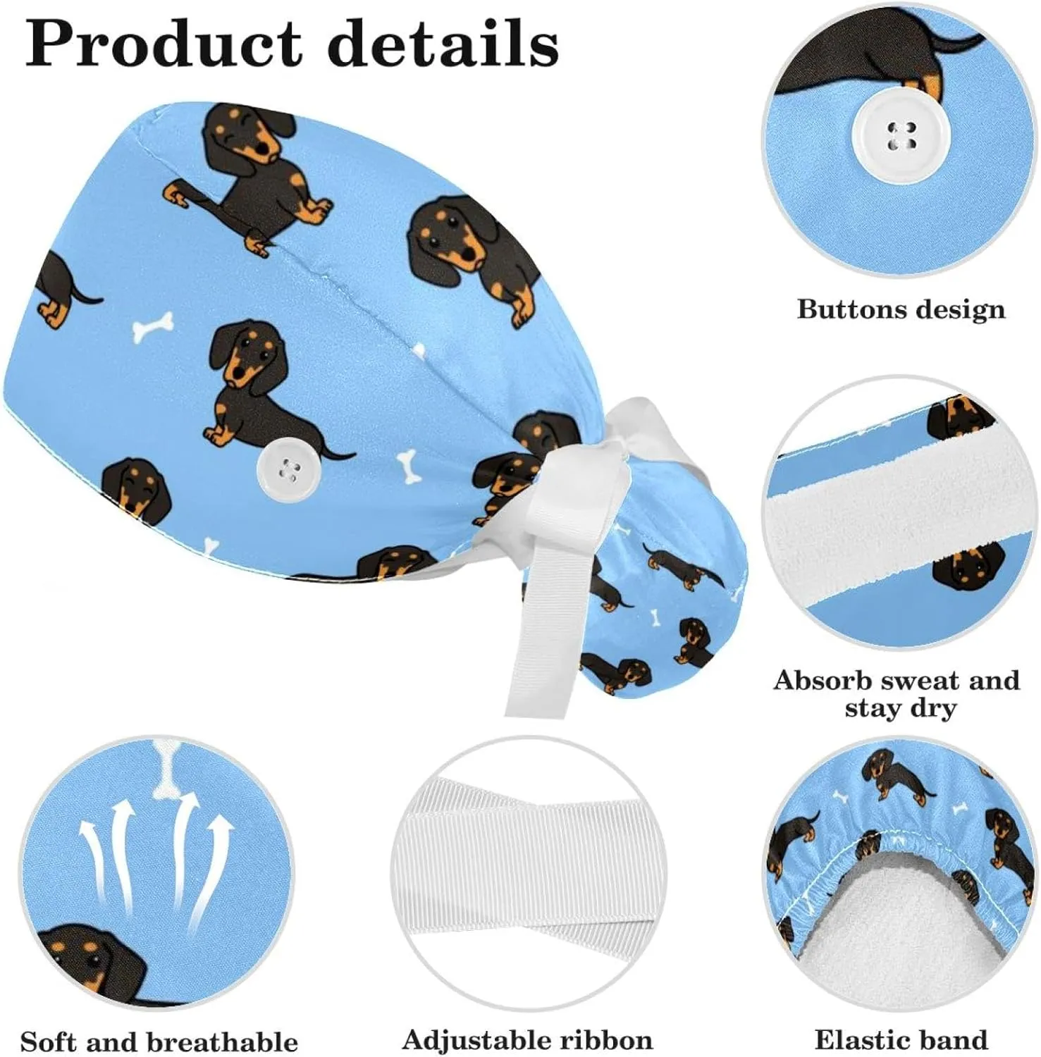 Animals Dogs Working Cap with Buttons, Adjustable Surgical Scrub Cap with Bow Hair Scrunchy