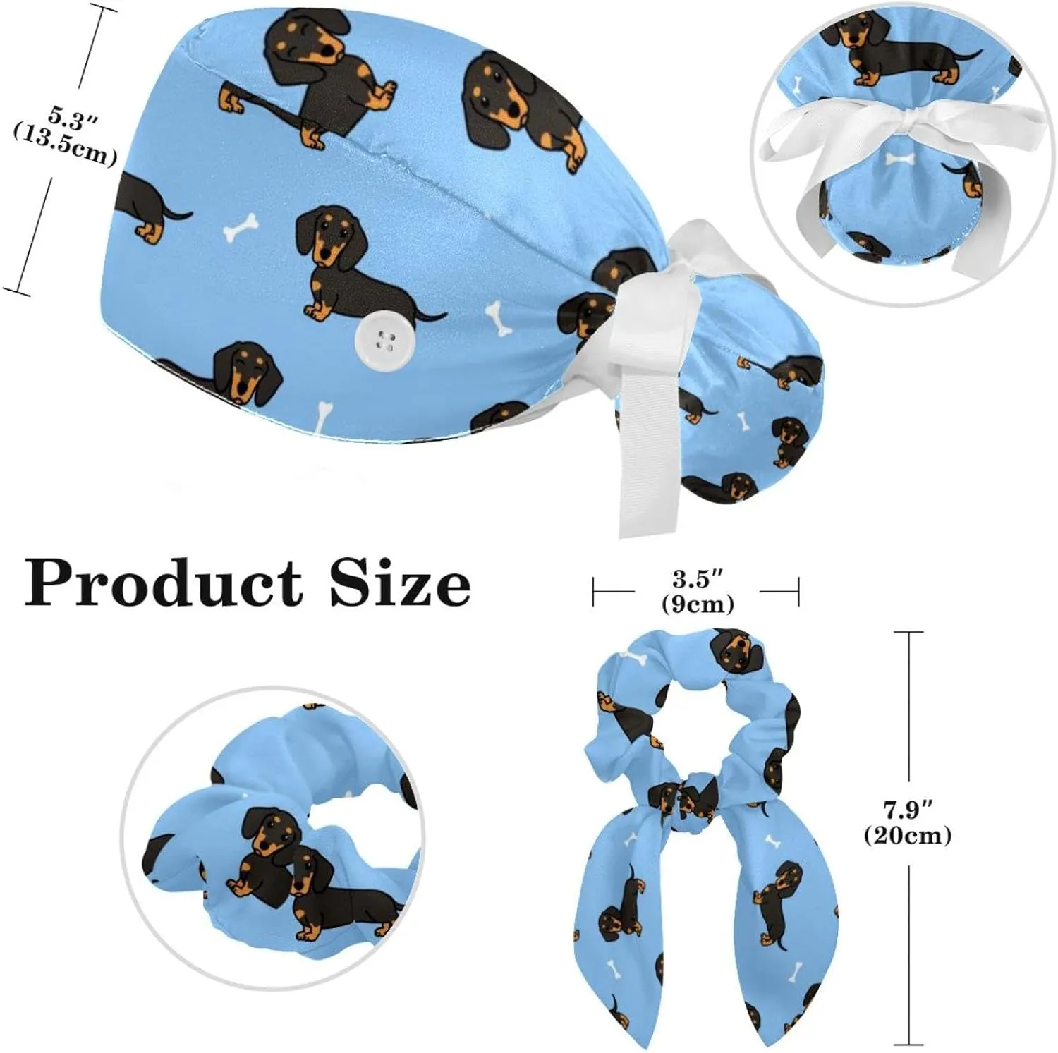 Animals Dogs Working Cap with Buttons, Adjustable Surgical Scrub Cap with Bow Hair Scrunchy