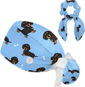 Animals Dogs Working Cap with Buttons, Adjustable Surgical Scrub Cap with Bow Hair Scrunchy