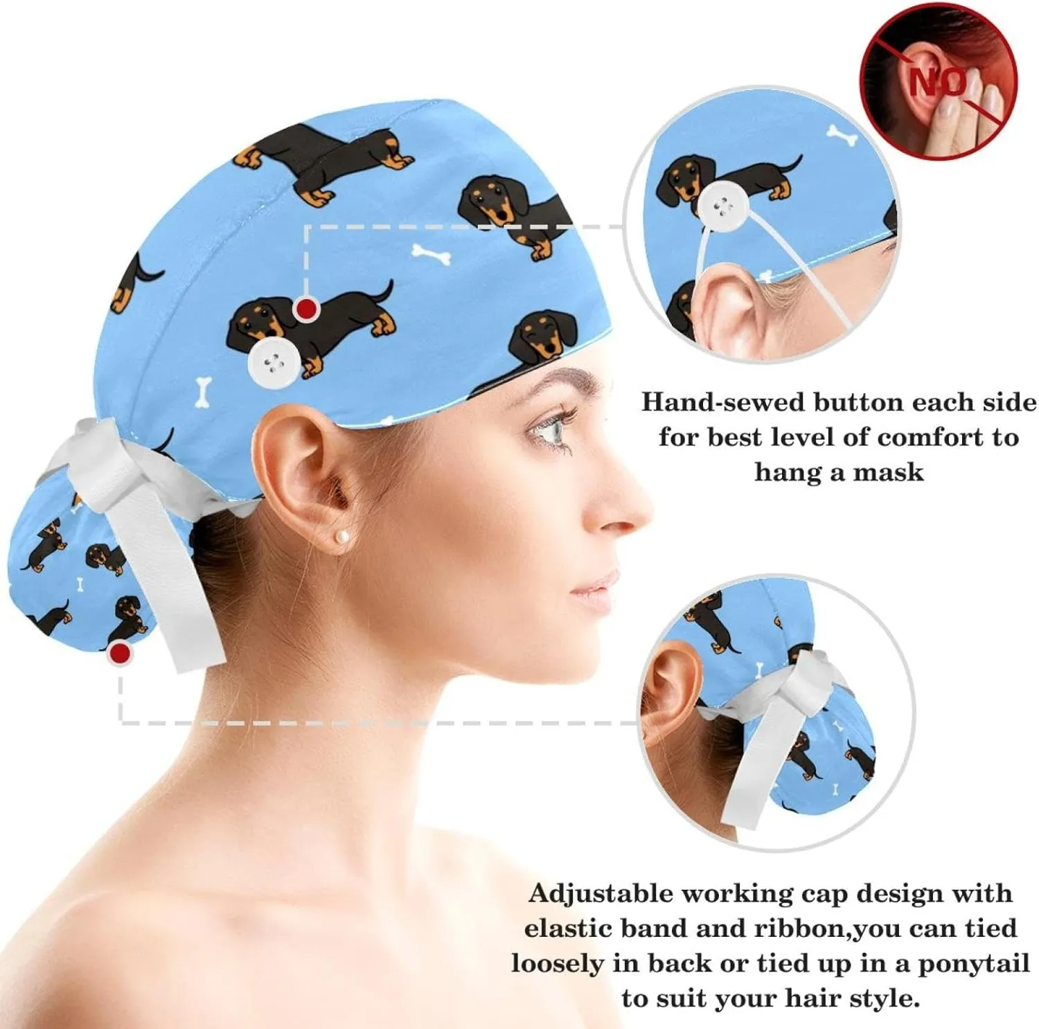 Animals Dogs Working Cap with Buttons, Adjustable Surgical Scrub Cap with Bow Hair Scrunchy