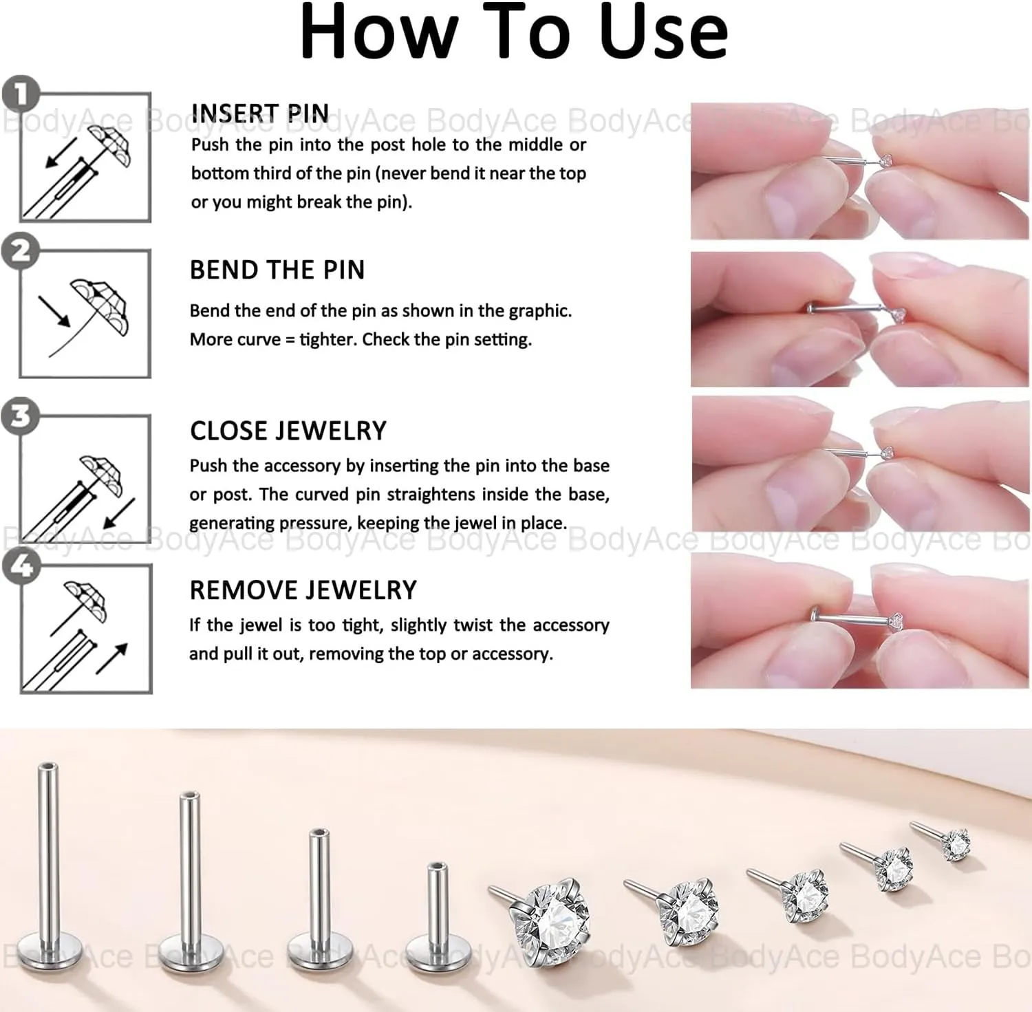 BodyAce Threadless Spike Flact Back Earrings Cartilage Lip Rings, 16G Stainless Steel Daith Helix Tragus Studs, Push in Rook Lobe Lip Piercing for Women Men
