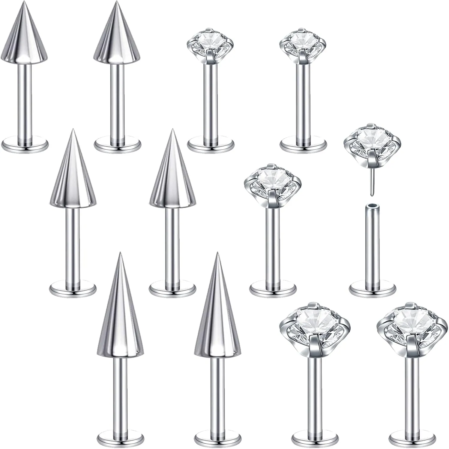 BodyAce Threadless Spike Flact Back Earrings Cartilage Lip Rings, 16G Stainless Steel Daith Helix Tragus Studs, Push in Rook Lobe Lip Piercing for Women Men