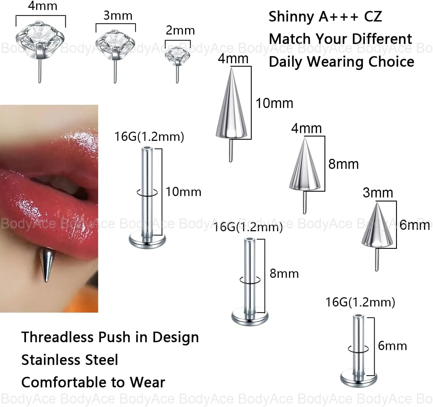 BodyAce Threadless Spike Flact Back Earrings Cartilage Lip Rings, 16G Stainless Steel Daith Helix Tragus Studs, Push in Rook Lobe Lip Piercing for Women Men