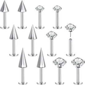 BodyAce Threadless Spike Flact Back Earrings Cartilage Lip Rings, 16G Stainless Steel Daith Helix Tragus Studs, Push in Rook Lobe Lip Piercing for Women Men