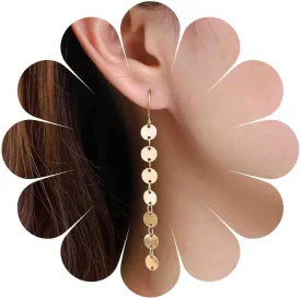 Boho Long Disc Drop Earrings Gold Disc Tassel Earrings Tiny Disc Chain Earrings Minimalist Small Coin Dangle Earrings Jewelry for Women