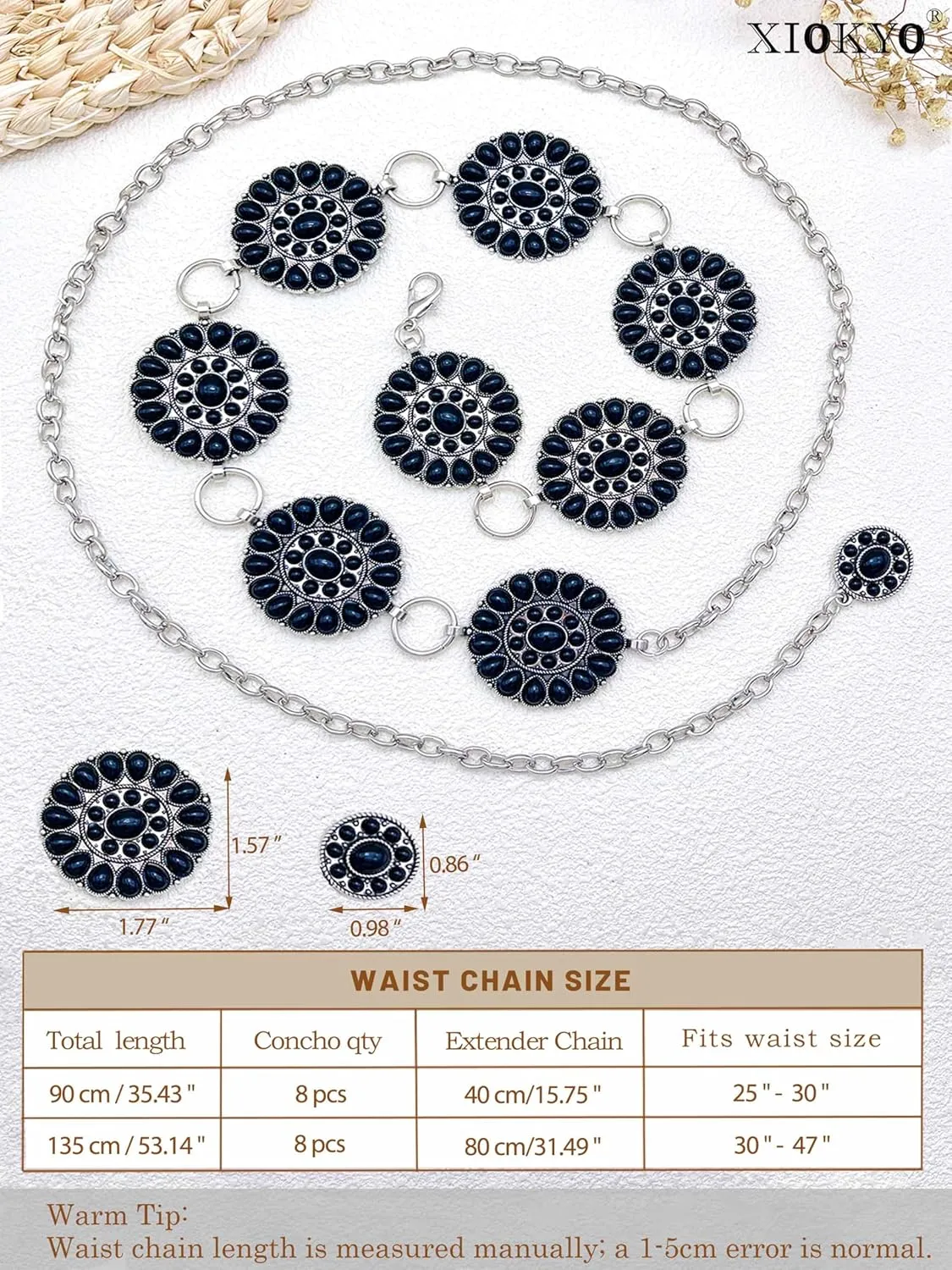 Boho Turquoise Concho Belt Silver Metal Western Turquoise Belts Waist Chain Belt for Women Dress