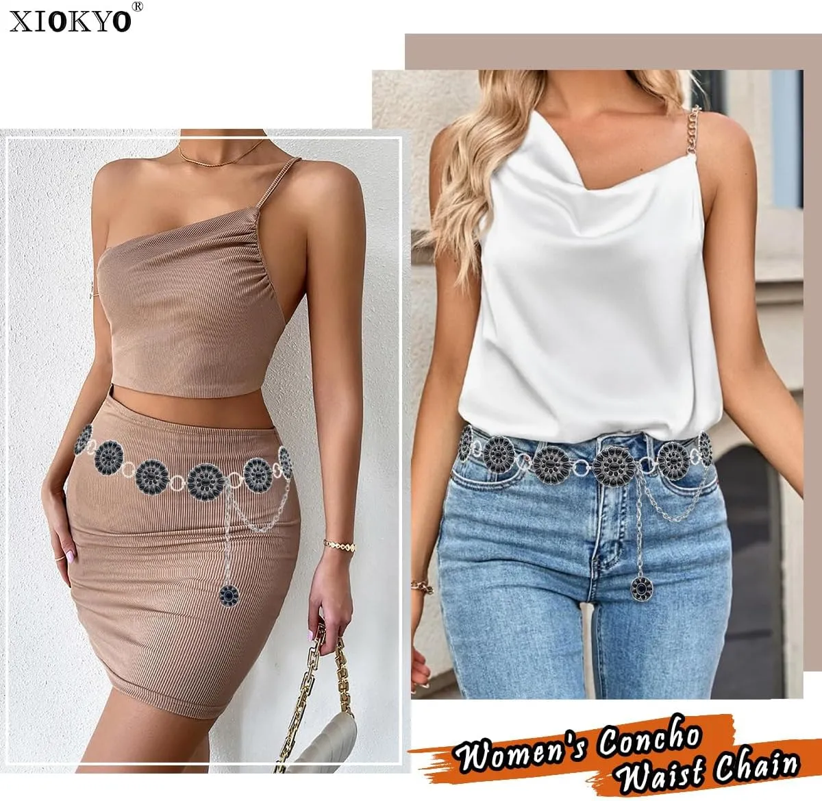 Boho Turquoise Concho Belt Silver Metal Western Turquoise Belts Waist Chain Belt for Women Dress