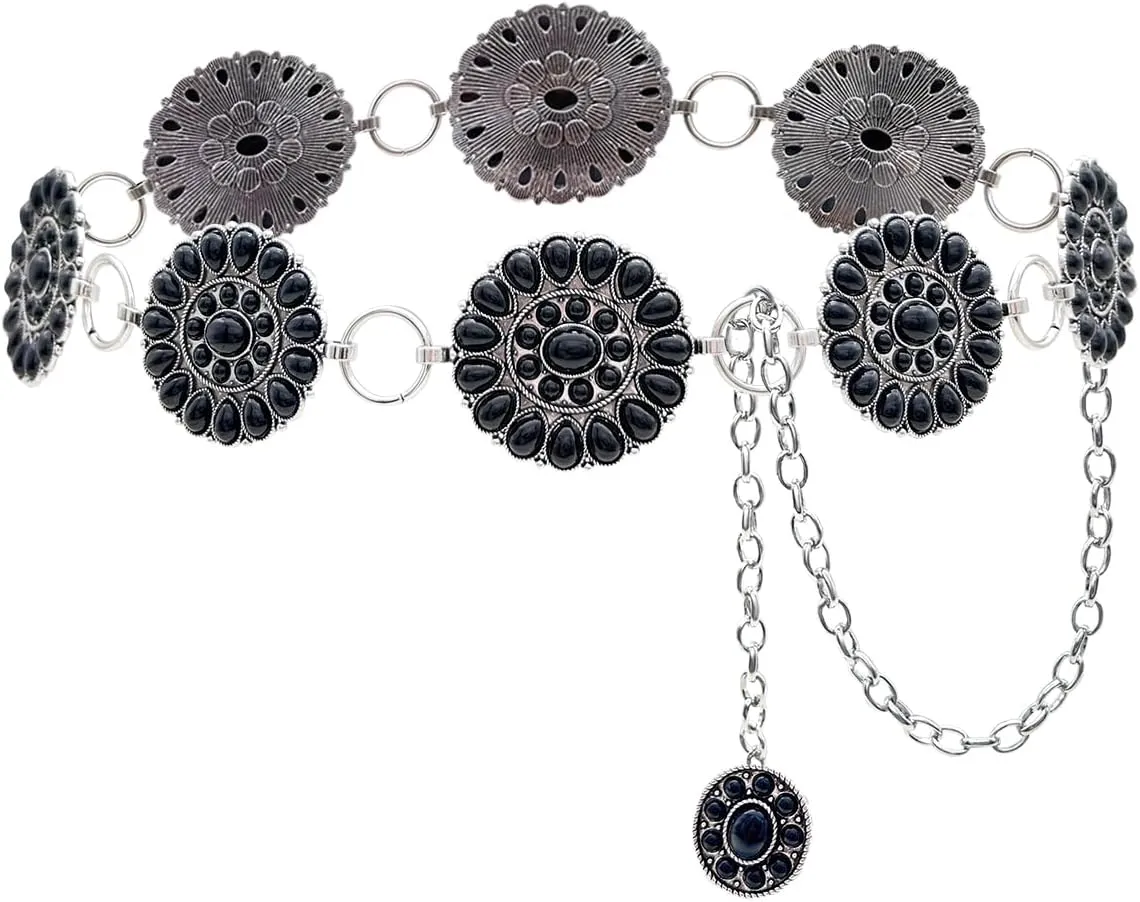 Boho Turquoise Concho Belt Silver Metal Western Turquoise Belts Waist Chain Belt for Women Dress