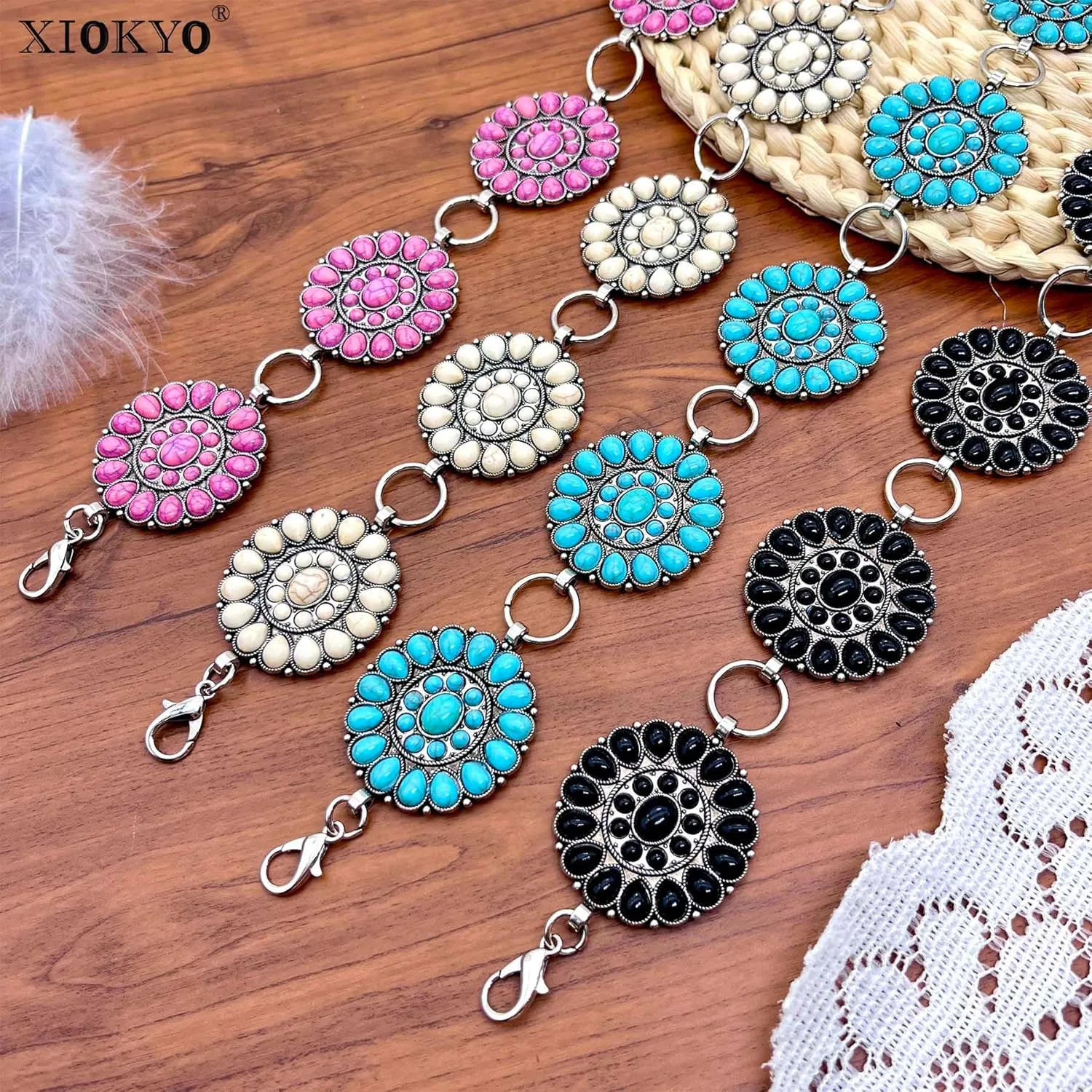 Boho Turquoise Concho Belt Silver Metal Western Turquoise Belts Waist Chain Belt for Women Dress