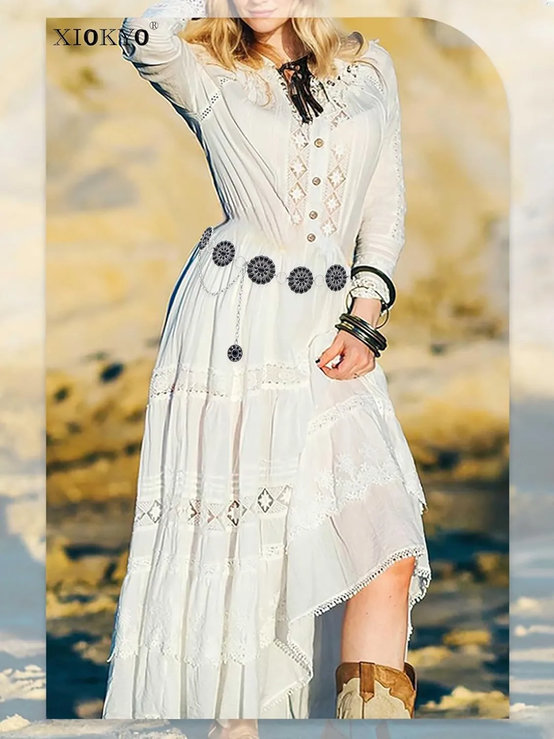 Boho Turquoise Concho Belt Silver Metal Western Turquoise Belts Waist Chain Belt for Women Dress