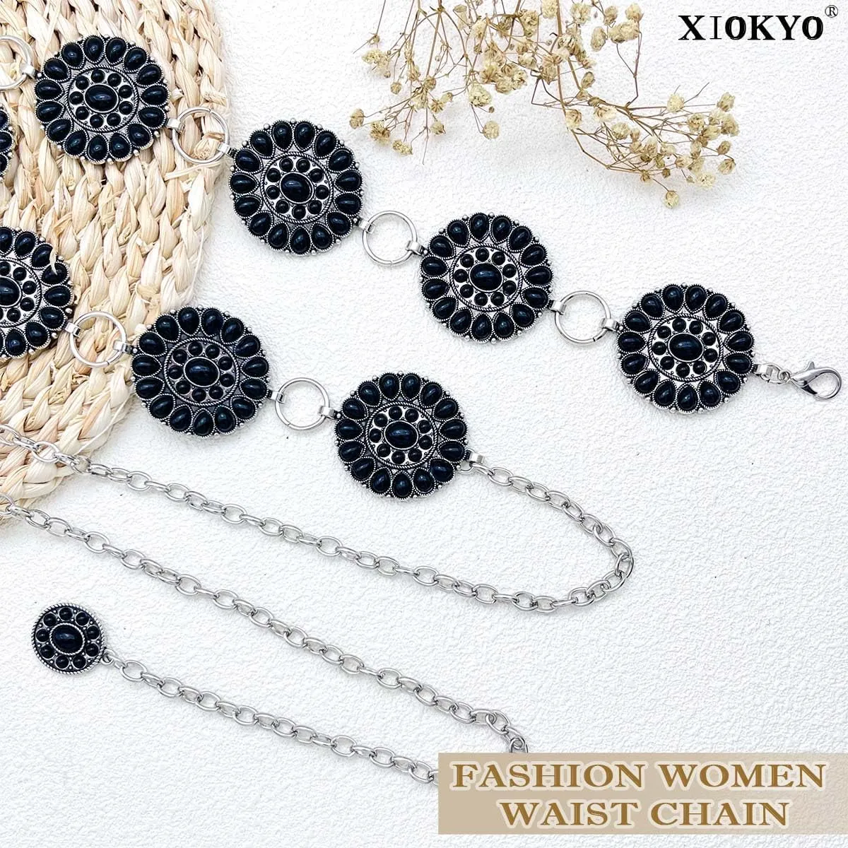 Boho Turquoise Concho Belt Silver Metal Western Turquoise Belts Waist Chain Belt for Women Dress