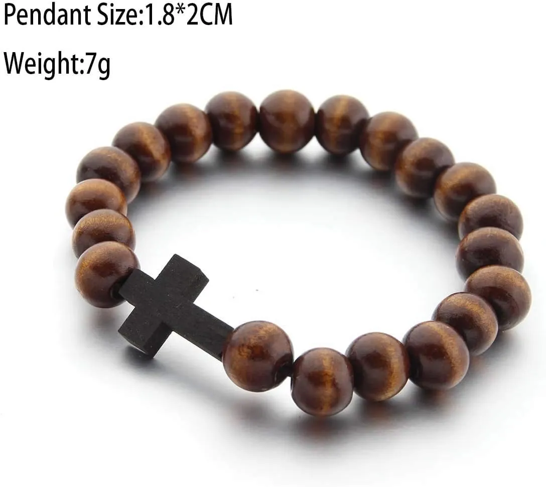 COLORFUL BLING Classic Natural Wood Beads Cross Pendant Necklace for Men Women Religious Rosary Jewelry Handmade Prayer Accessories