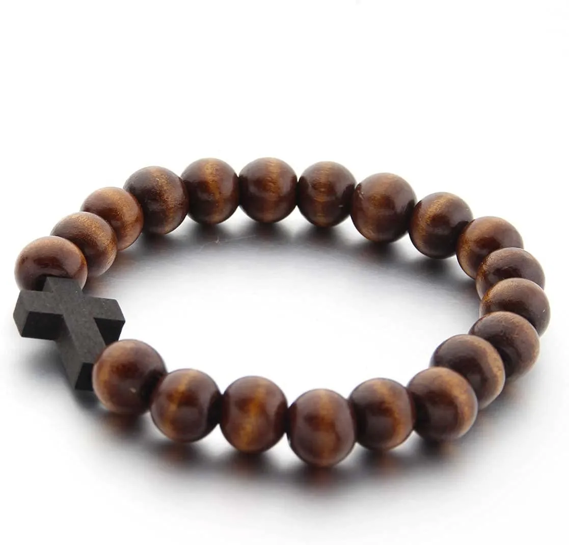 COLORFUL BLING Classic Natural Wood Beads Cross Pendant Necklace for Men Women Religious Rosary Jewelry Handmade Prayer Accessories