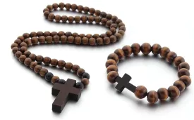COLORFUL BLING Classic Natural Wood Beads Cross Pendant Necklace for Men Women Religious Rosary Jewelry Handmade Prayer Accessories