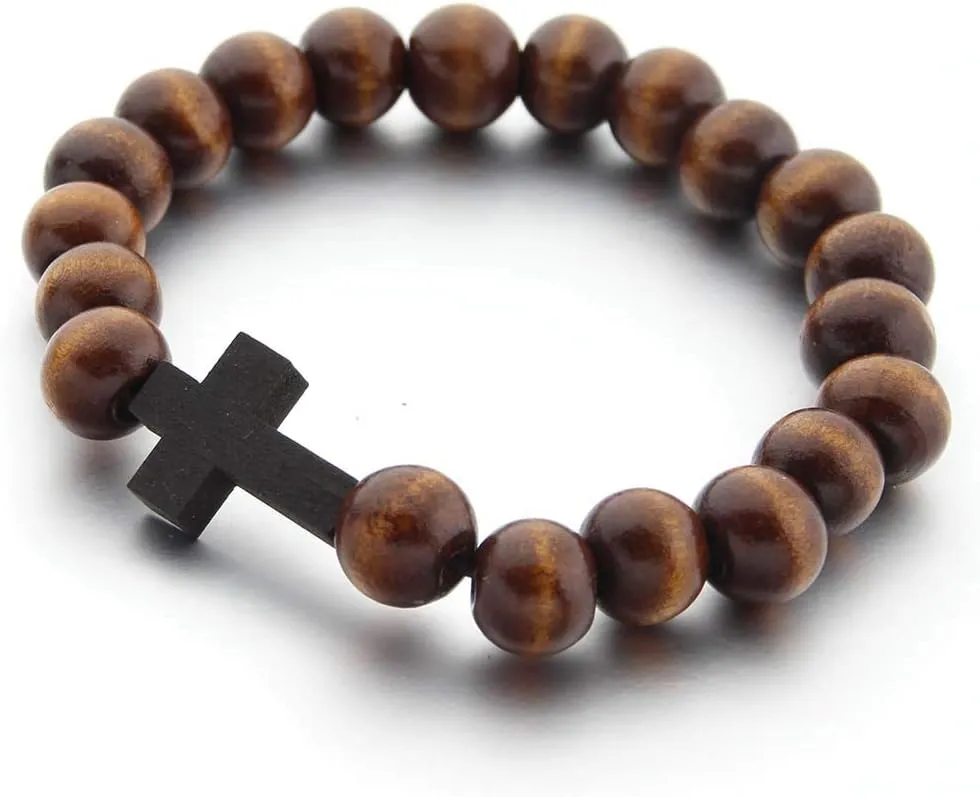 COLORFUL BLING Classic Natural Wood Beads Cross Pendant Necklace for Men Women Religious Rosary Jewelry Handmade Prayer Accessories