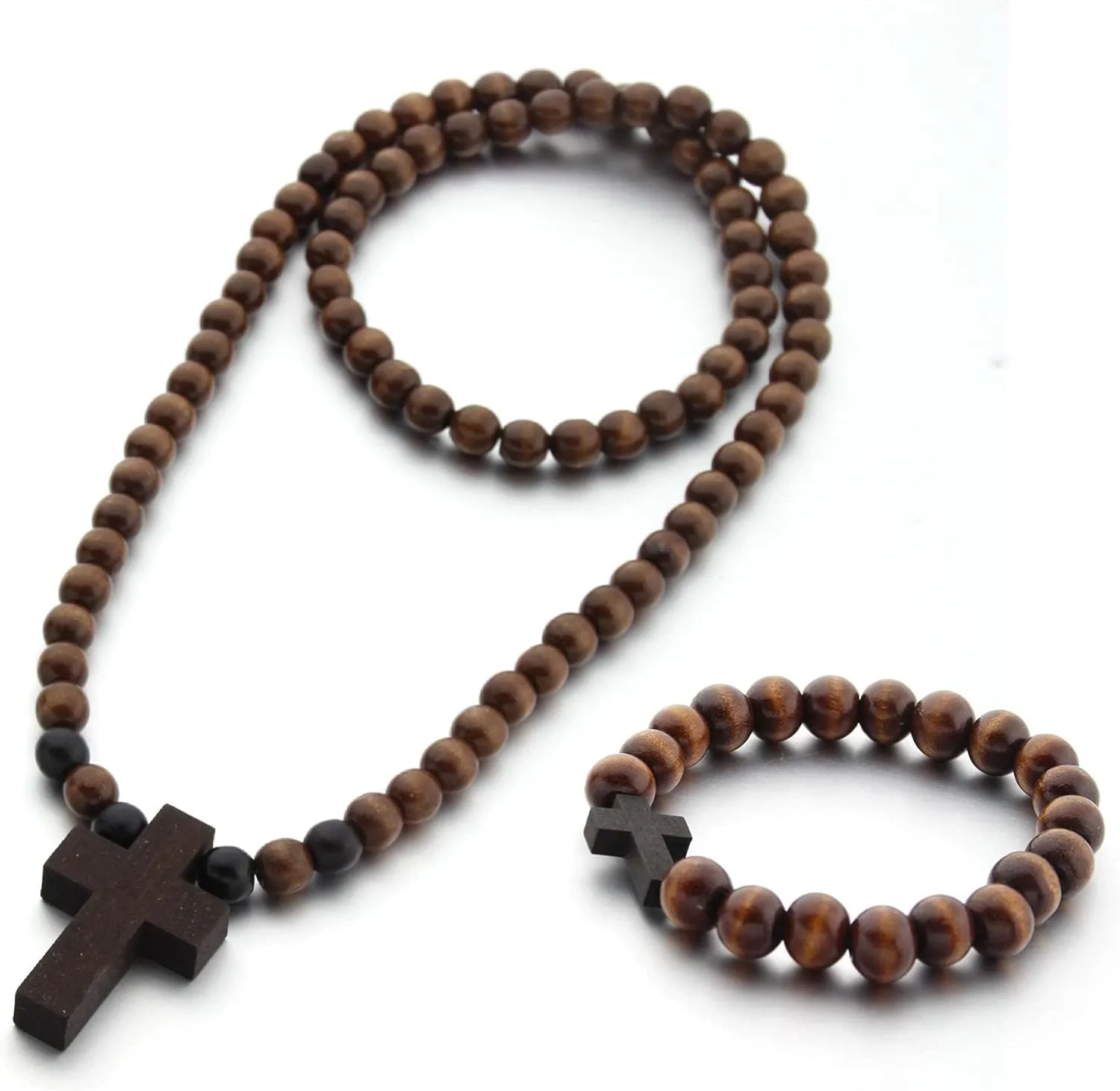 COLORFUL BLING Classic Natural Wood Beads Cross Pendant Necklace for Men Women Religious Rosary Jewelry Handmade Prayer Accessories