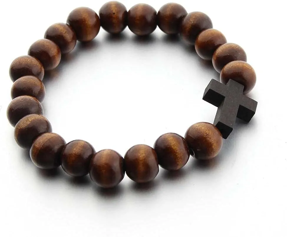 COLORFUL BLING Classic Natural Wood Beads Cross Pendant Necklace for Men Women Religious Rosary Jewelry Handmade Prayer Accessories