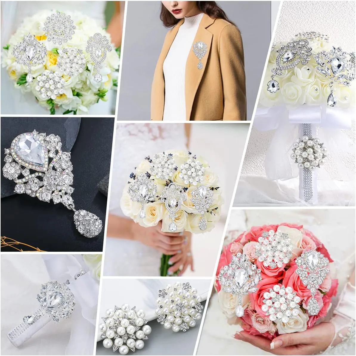 Crystal Rhinestone Flower Brooch Pin Set for Women DIY Bridal Wedding Bouquet Kit