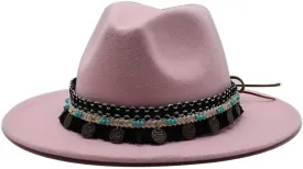 DHAEY British Style New Jazz Top Hat with Tassels Belt Simple Fashion Big Brim Hat Women's Woolen Felt Hat Big Brim Jazz Hat Luopan Caps & Hats (Color : Rose Red, Size : Large(59-61cm))
