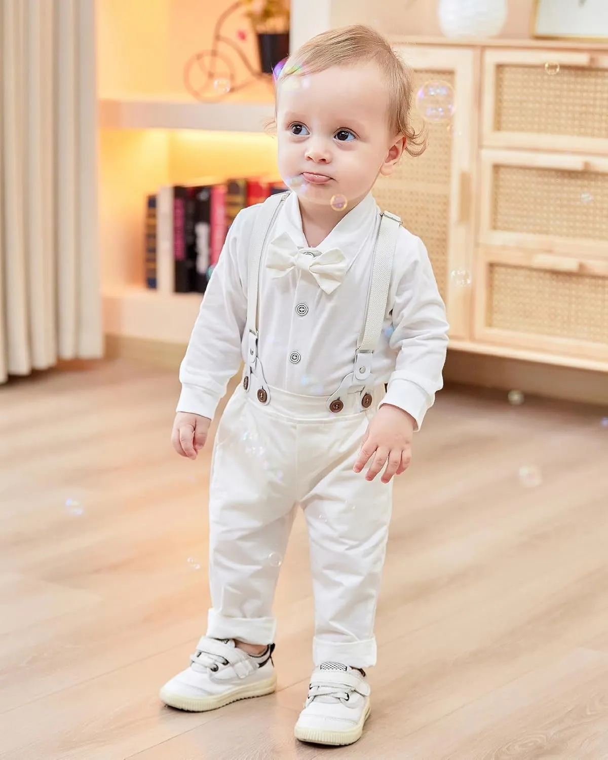 DISAUR Baby Boy Clothes Suits 4PCS Gentleman Outfit Dress Romper Beret Hat Suspender Pants Bow Tie Wedding Set