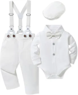 DISAUR Baby Boy Clothes Suits 4PCS Gentleman Outfit Dress Romper Beret Hat Suspender Pants Bow Tie Wedding Set