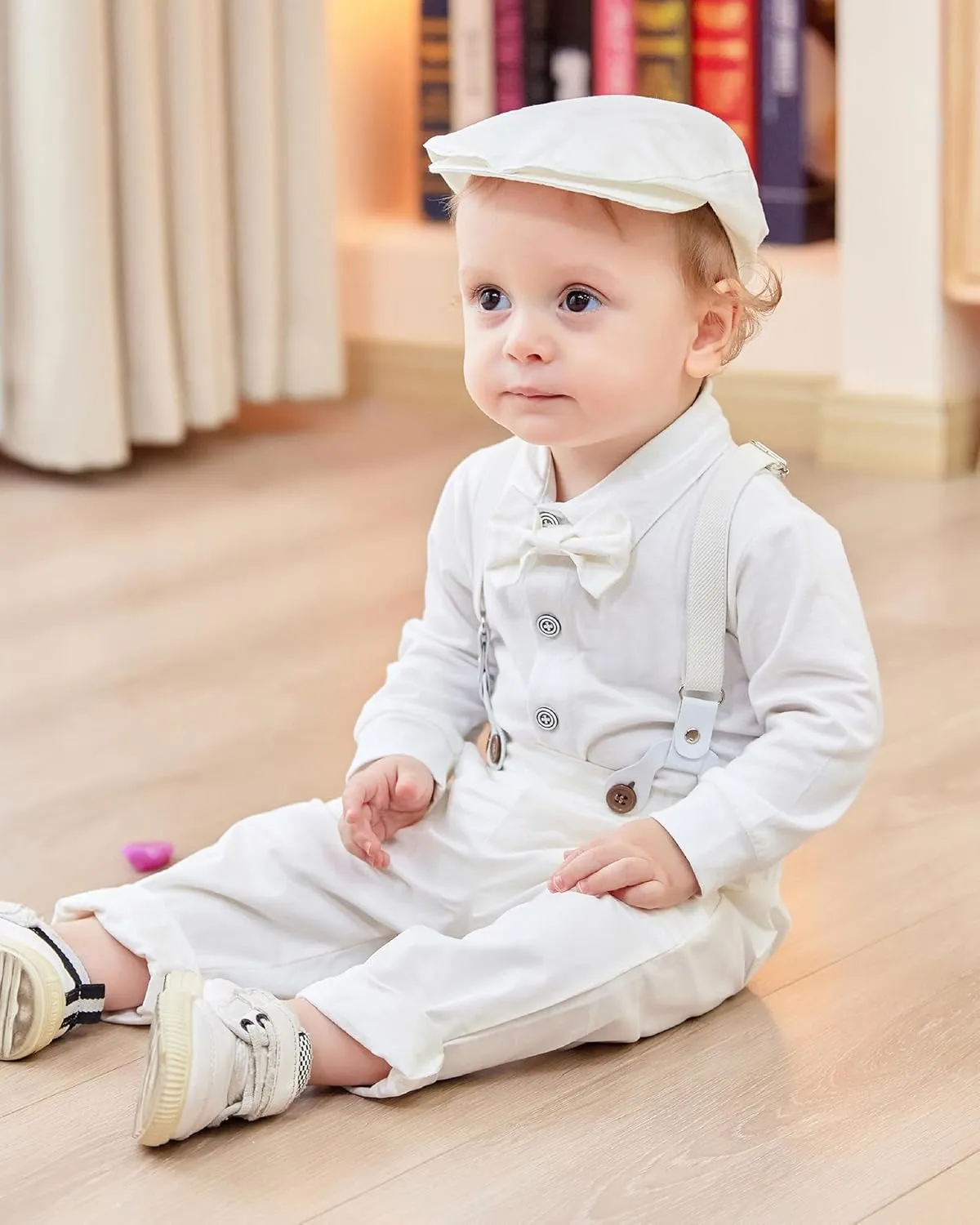 DISAUR Baby Boy Clothes Suits 4PCS Gentleman Outfit Dress Romper Beret Hat Suspender Pants Bow Tie Wedding Set