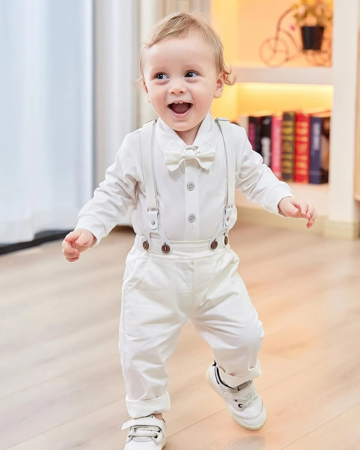 DISAUR Baby Boy Clothes Suits 4PCS Gentleman Outfit Dress Romper Beret Hat Suspender Pants Bow Tie Wedding Set