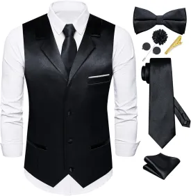 Dubulle Mens Satin Vest and Tie Solid Suit Waistcoat and Pre-tied Bowtie Set for Men Lapel Pin Wedding Party