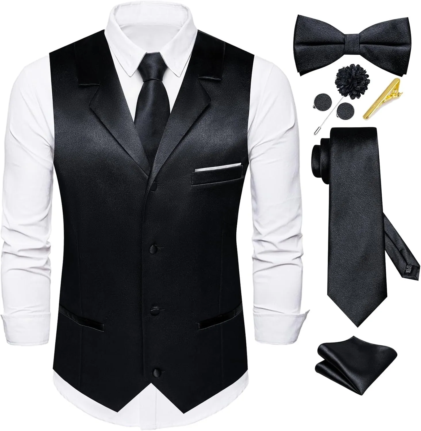 Dubulle Mens Satin Vest and Tie Solid Suit Waistcoat and Pre-tied Bowtie Set for Men Lapel Pin Wedding Party