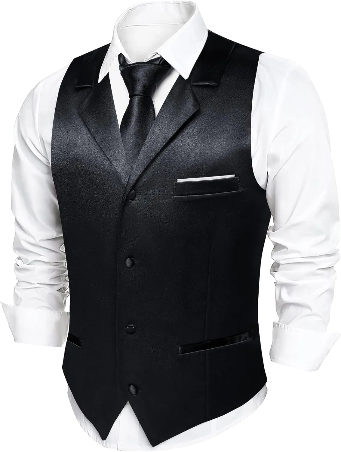 Dubulle Mens Satin Vest and Tie Solid Suit Waistcoat and Pre-tied Bowtie Set for Men Lapel Pin Wedding Party