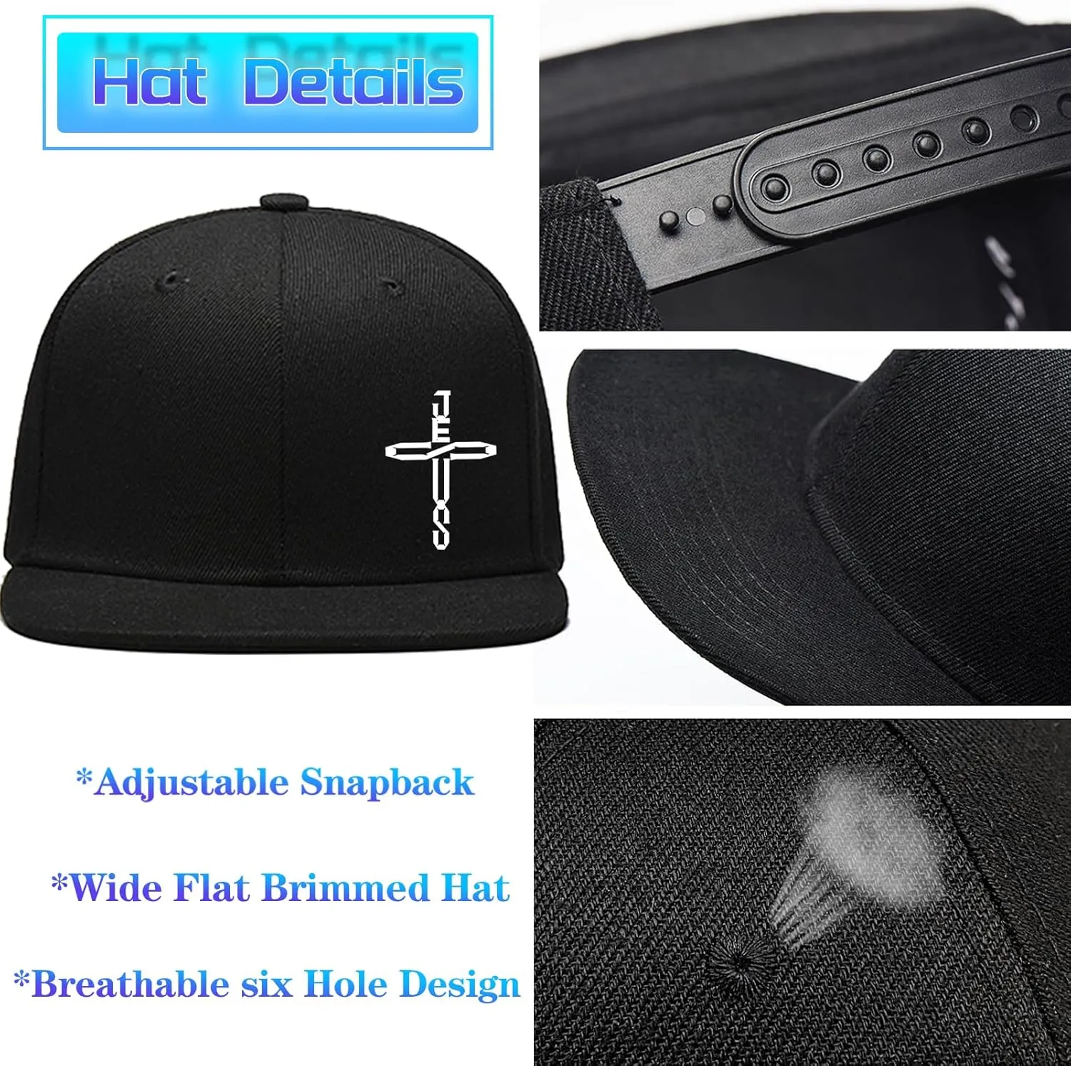 Flat Bill Hats for Men Black Snapback Hats for Men Adjustable Baseball Cap Fitted Cool Hip Hop Hat