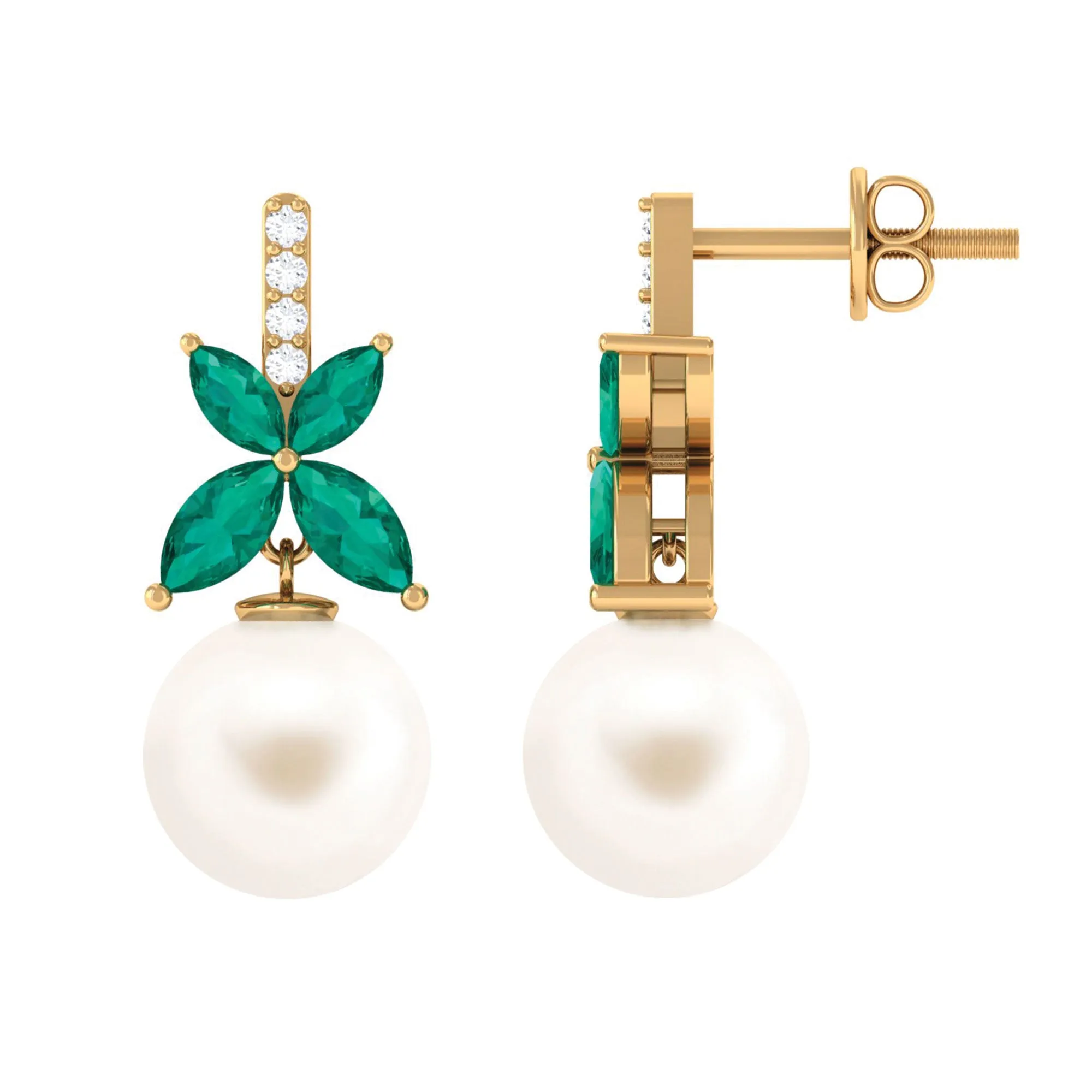 Freshwater Pearl Drop Earrings with Floral Emerald