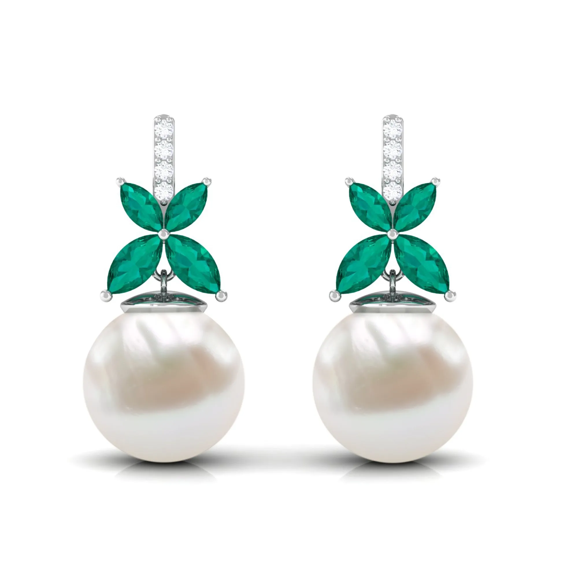 Freshwater Pearl Drop Earrings with Floral Emerald