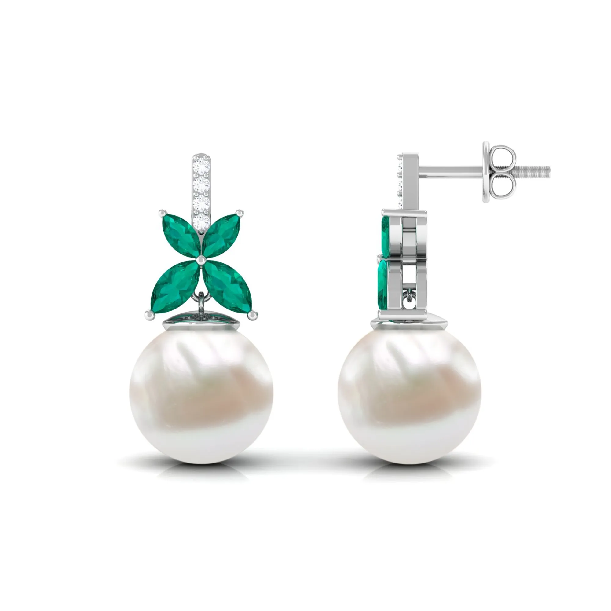 Freshwater Pearl Drop Earrings with Floral Emerald