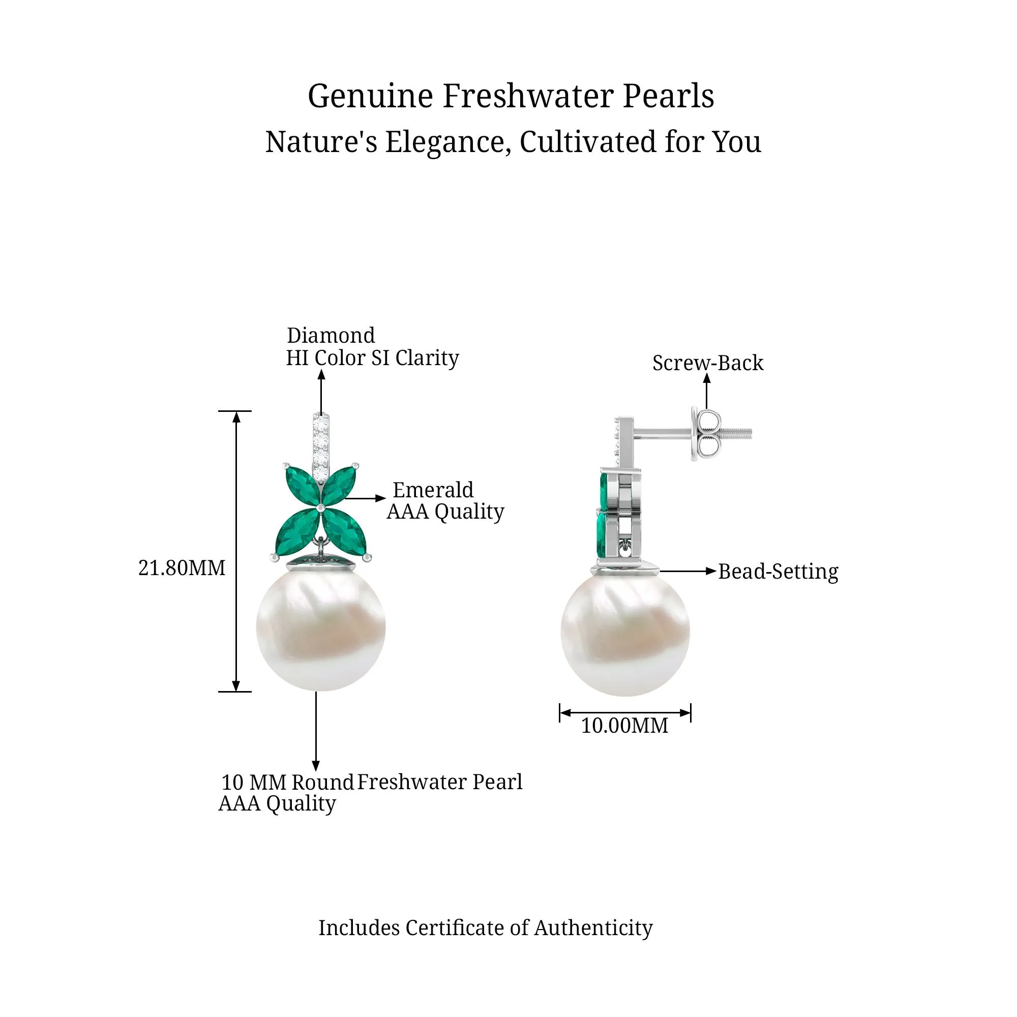 Freshwater Pearl Drop Earrings with Floral Emerald