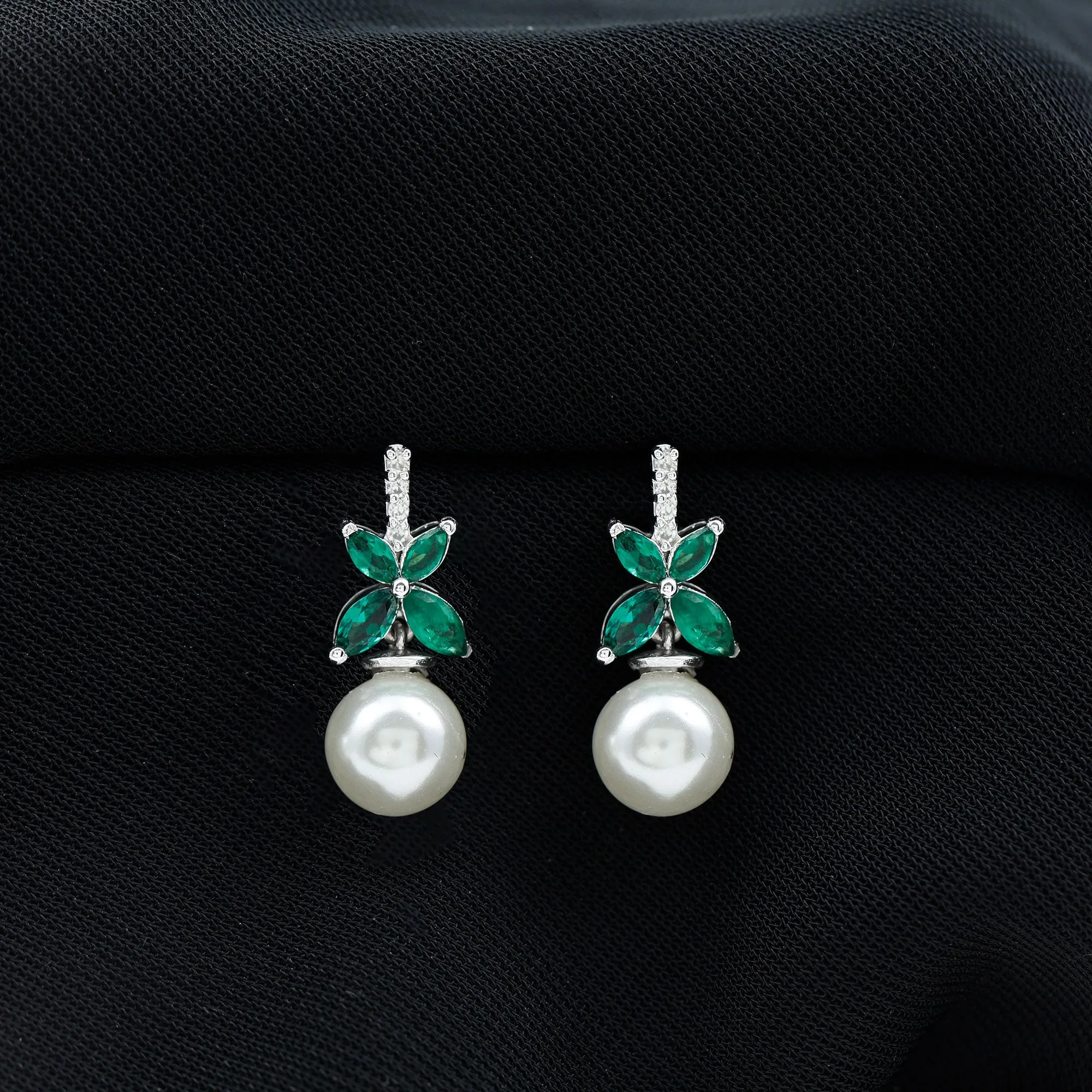 Freshwater Pearl Drop Earrings with Floral Emerald