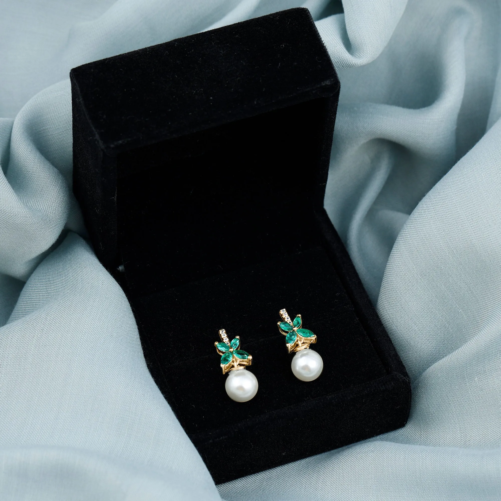 Freshwater Pearl Drop Earrings with Floral Emerald